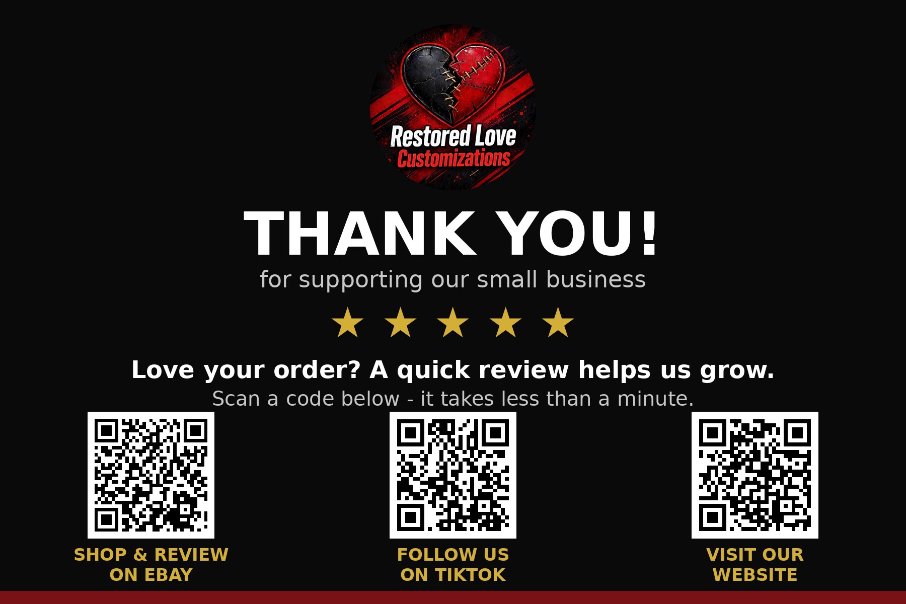 Restored Love Customizations thank-you and review card